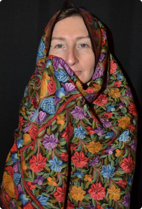 Full-surface hand-stitched embroidery on fine wool
